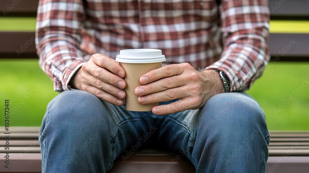 Middle-aged man with slight tremor holding cup of coffee on park bench, symbolizing struggle with Parkinson's disease, calm natural setting. Middle-aged man with slight tremor holding cup of coffee on park bench, symbolizing struggle with Parkinson's disease, calm natural setting.