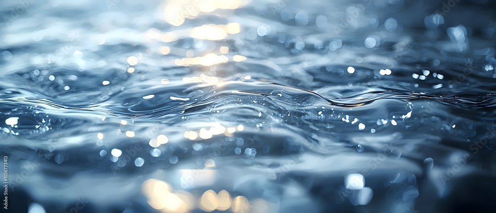 Close-up of rippling water surface reflecting light, creating a tranquil and serene atmosphere. The image captures the dynamic movement of water with a calming effect.