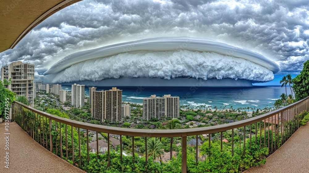 Fototapeta premium Dark clouds swirl as a hurricane looms over a coastal city, with rising storm surge and strong winds creating dangerous conditions.