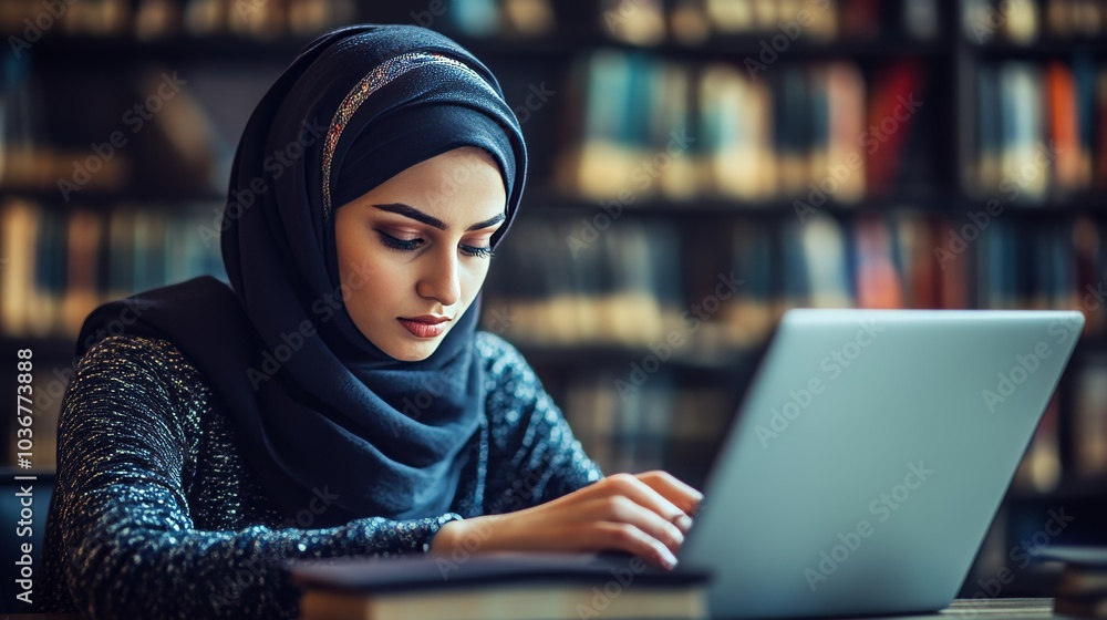Young Muslim Woman Wearing Hijab Focused on Working on Laptop in Library, Surrounded by Books Young Muslim Woman Wearing Hijab Focused on Working on Laptop in Library, Surrounded by Books