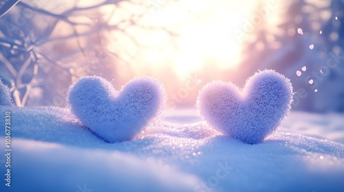 Heart-shaped snowflakes falling in a winter wonderland: 3D-rendered scene of heart-shaped snowflakes gently falling on a snow-covered landscape during a romantic moment