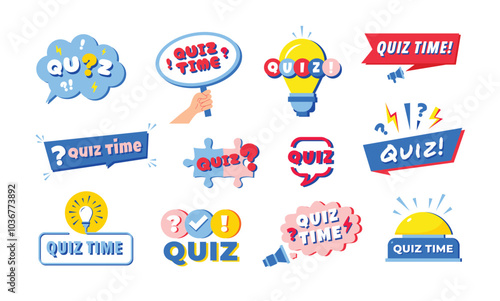 Quiz labels. Trivia question, test or erudite game emblem template with question mark, speech bubble frame, idea lamp, big button, puzzle and quiz time sign vector set.