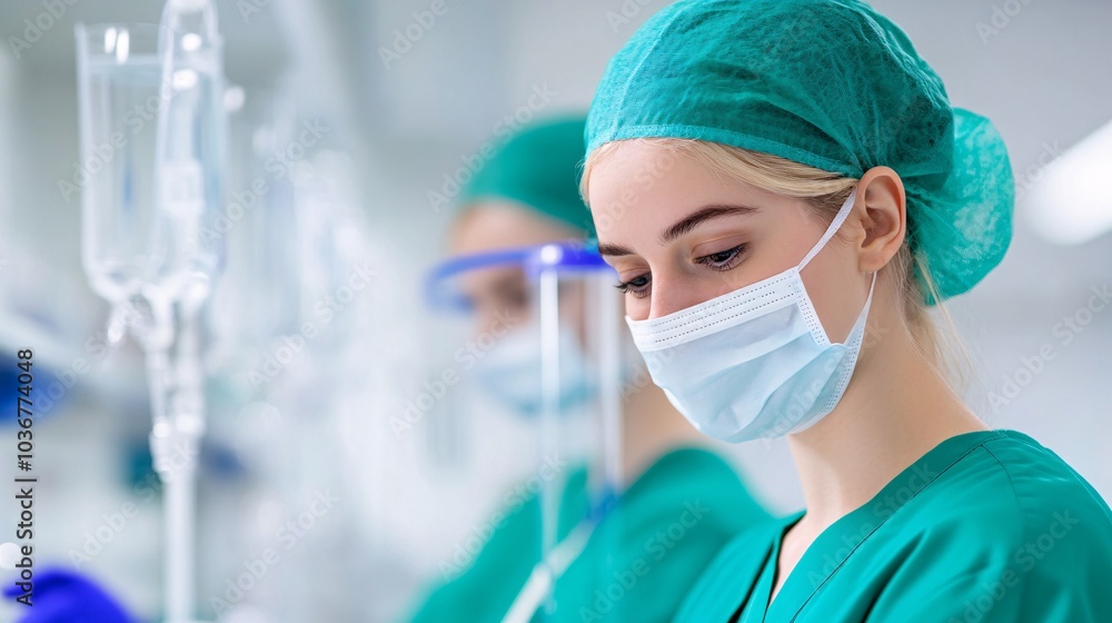 A woman in a green lab coat is wearing a mask and a green hat A woman in a green lab coat is wearing a mask and a green hat