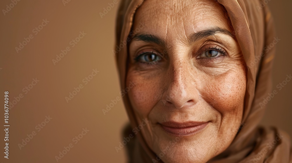 Portrait of a senior woman wearing a hijab in a studio setting, showcasing skincare and beauty treatments on a brown backdrop. She appears happy and excited about mature skin cosmetics Portrait of a senior woman wearing a hijab in a studio setting, showcasing skincare and beauty treatments on a brown backdrop. She appears happy and excited about mature skin cosmetics