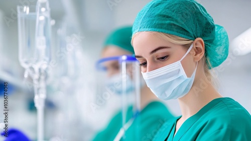 A woman in a green lab coat is wearing a mask and a green hat