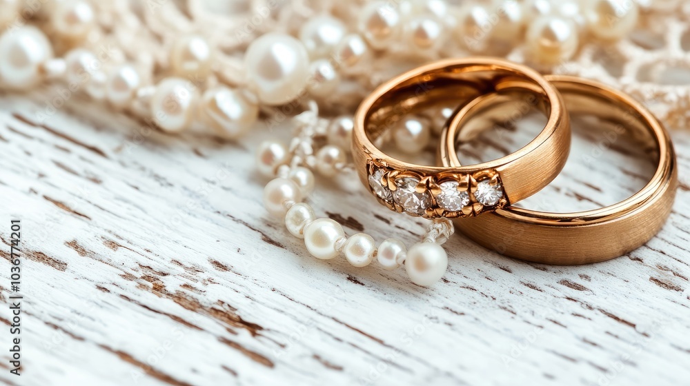Elegant wedding rings placed on a rustic white wooden background, surrounded by delicate lace and pearls, symbolizing love and commitment. Elegant wedding rings placed on a rustic white wooden background, surrounded by delicate lace and pearls, symbolizing love and commitment.