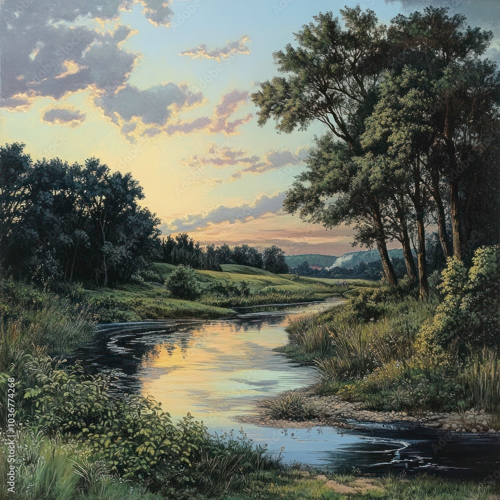 Obraz premium Tranquil landscape with peaceful river