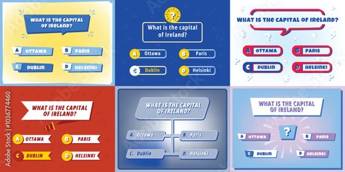 Quiz question template. UI layout for quiz show game with question frame and multiple choice answer options. Intellectual test menu screen with trivia question vector set.