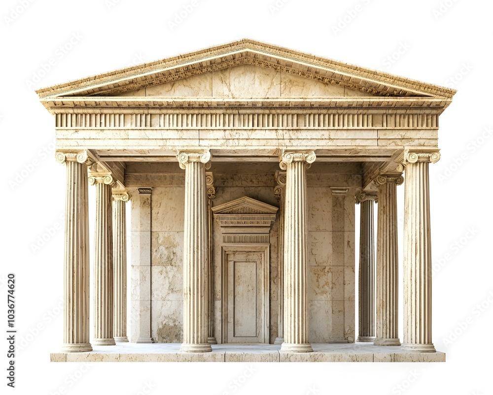 Fototapeta premium Majestic Ancient Greek Temple with Sturdy Columns and Triangular Pediment on White Background