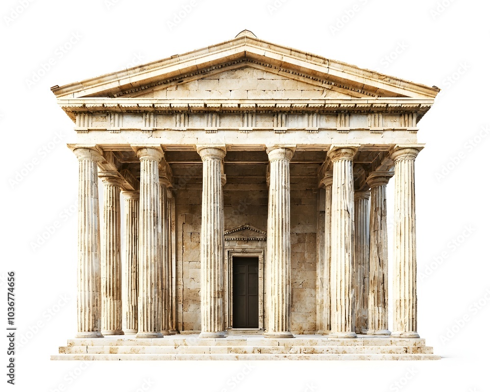 Fototapeta premium Ancient Greek Classical Temple with Sturdy Columns and Triangular Pediment on White Background