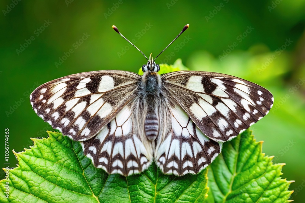 Fototapeta premium Butterfly with open wings on green leaf