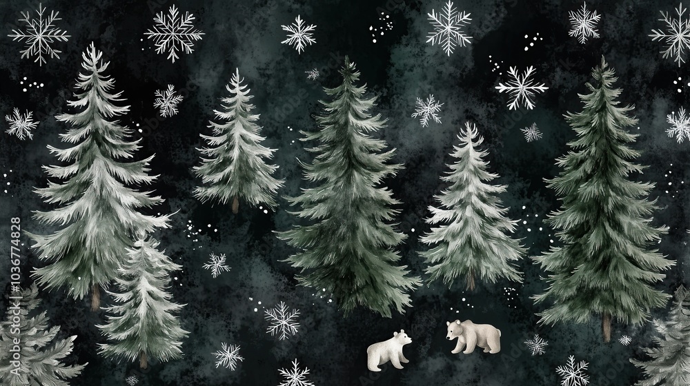 Obraz premium A seamless pattern with watercolor green pine trees and bears