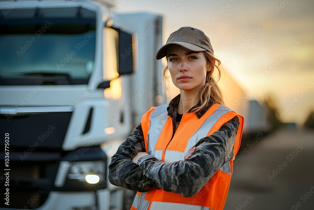 Female truck driver in reflective safety vest, standing with arms crossed in front of a large truck at sunset, showing determination and strength Female truck driver in reflective safety vest, standing with arms crossed in front of a large truck at sunset, showing determination and strength