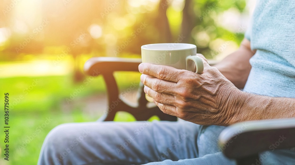 Middle-aged man with slight tremor holding cup of coffee on park bench, symbolizing struggle with Parkinson's disease, calm natural setting. Middle-aged man with slight tremor holding cup of coffee on park bench, symbolizing struggle with Parkinson's disease, calm natural setting.