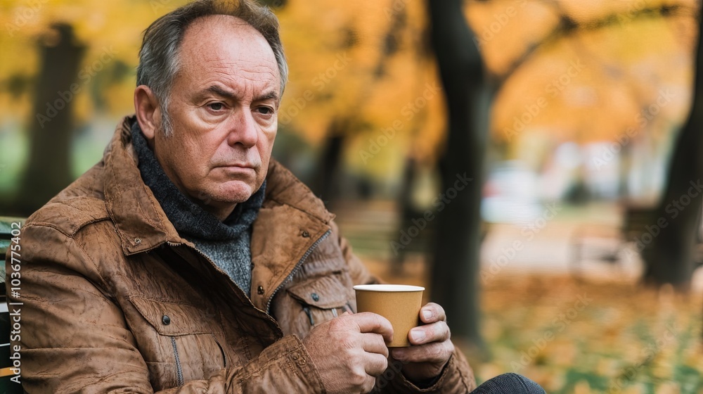 Middle-aged man with slight tremor holding cup of coffee on park bench, symbolizing struggle with Parkinson's disease, calm natural setting. Middle-aged man with slight tremor holding cup of coffee on park bench, symbolizing struggle with Parkinson's disease, calm natural setting.