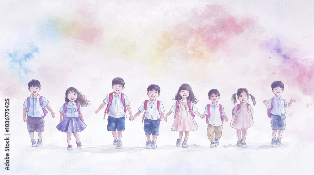 Naklejka premium Back to school A joyful group of children walking hand in hand, showcasing friendship and happiness in a vibrant outdoor setting. Perfect for themes of childhood and togetherness.