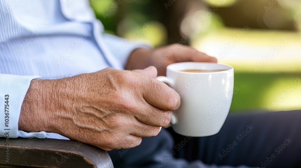 Middle-aged man with slight tremor holding cup of coffee on park bench, symbolizing struggle with Parkinson's disease, calm natural setting. Middle-aged man with slight tremor holding cup of coffee on park bench, symbolizing struggle with Parkinson's disease, calm natural setting.