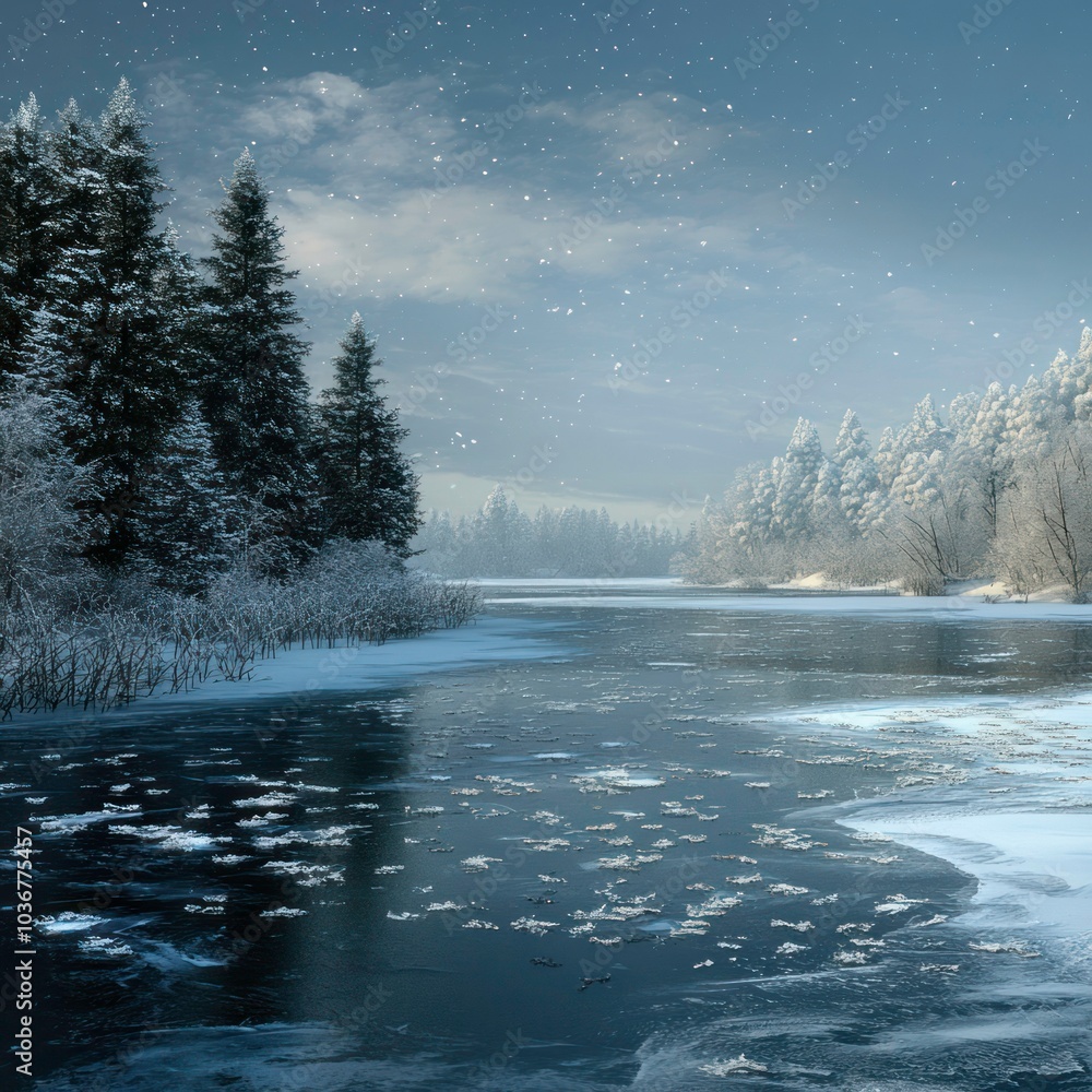 Winter landscape with frozen lake Winter landscape with frozen lake