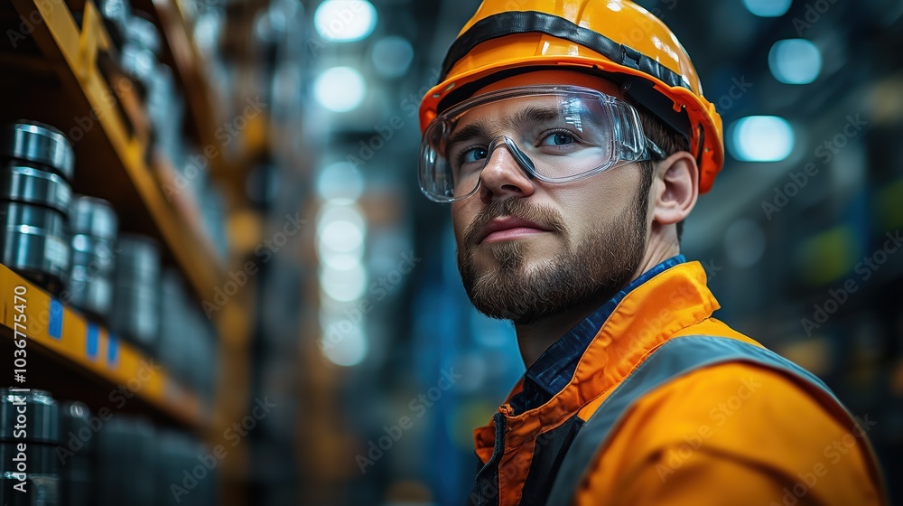 A metalworker in protective gear stands confidently among shelves filled with metal products, overseeing the factory operations in a modern metallurgical facility A metalworker in protective gear stands confidently among shelves filled with metal products, overseeing the factory operations in a modern metallurgical facility
