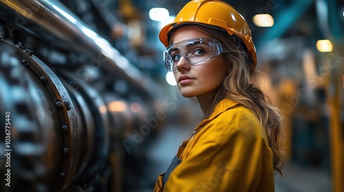 A woman in a yellow safety uniform and protective goggles stands near machinery in a metallurgical factory, focusing on the complex operations around her