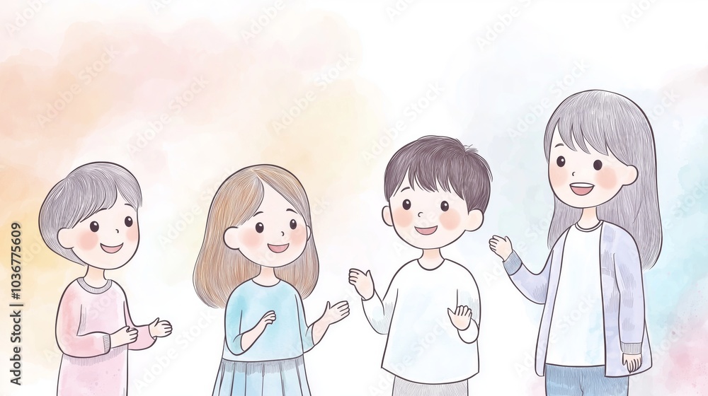 Back to school Four cheerful children happily engaged in conversation, showcasing friendship and joy. This colorful illustration captures the essence of childhood interactions and emotions. Back to school Four cheerful children happily engaged in conversation, showcasing friendship and joy. This colorful illustration captures the essence of childhood interactions and emotions.