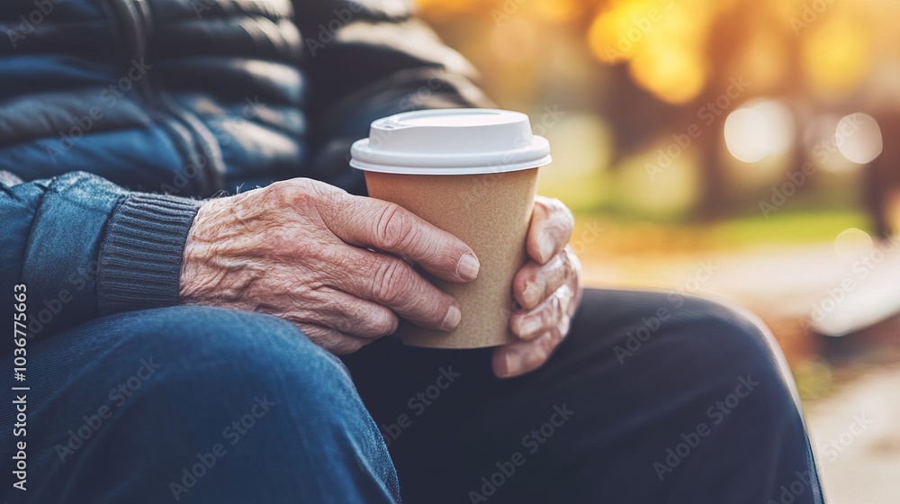 Middle-aged man with slight tremor holding cup of coffee on park bench, symbolizing struggle with Parkinson's disease, calm natural setting. Middle-aged man with slight tremor holding cup of coffee on park bench, symbolizing struggle with Parkinson's disease, calm natural setting.