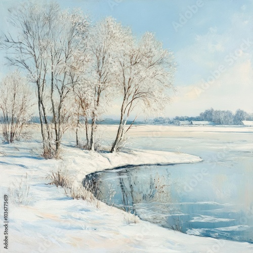 Winter landscape with frozen lake