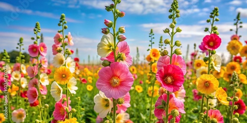 Fototapeta Naklejka Na Ścianę i Meble -  Colorful hollyhock flowers in a field