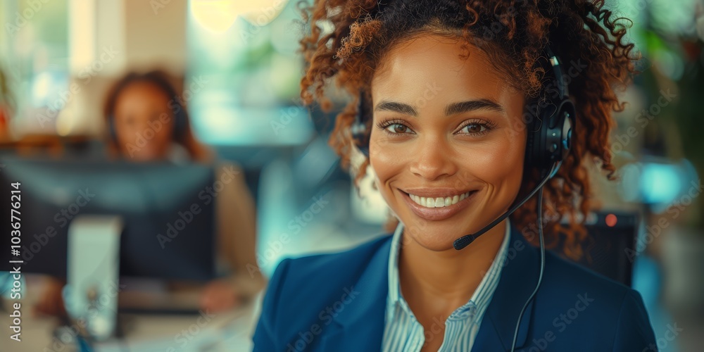 Smiling woman in headphones working at a customer service call center, providing online support and consultation as part of a team Smiling woman in headphones working at a customer service call center, providing online support and consultation as part of a team