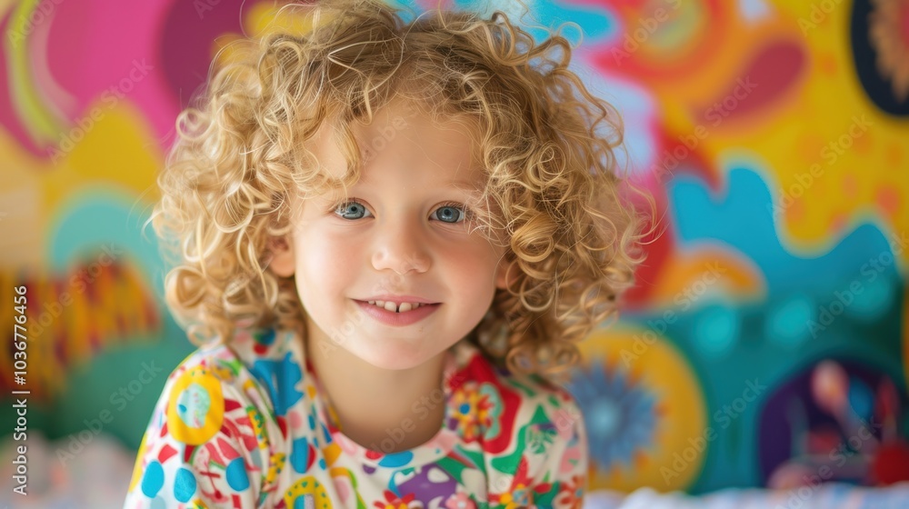 Young child posing in front of a vibrant wall in an early childhood education setting Young child posing in front of a vibrant wall in an early childhood education setting