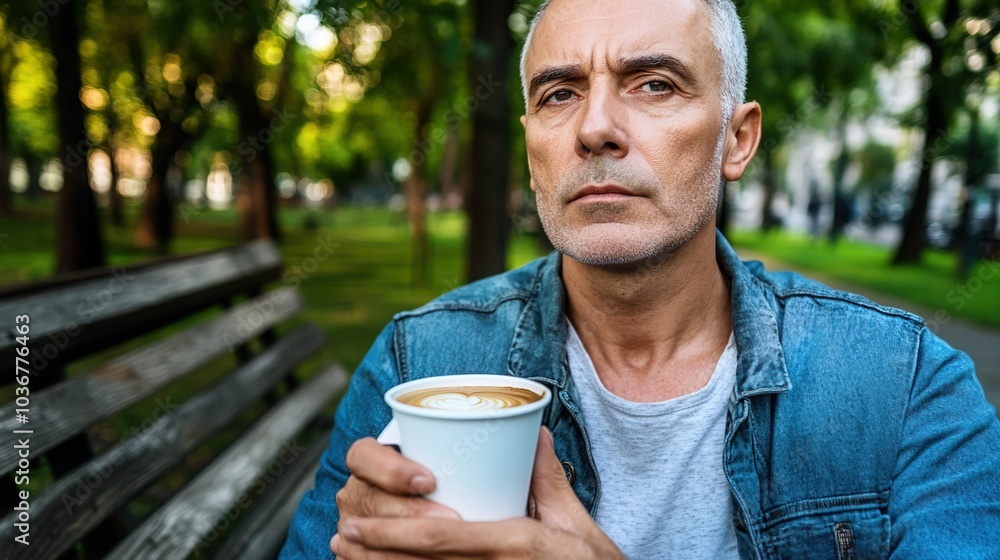 Middle-aged man with slight tremor holding cup of coffee on park bench, symbolizing struggle with Parkinson's disease, calm natural setting. Middle-aged man with slight tremor holding cup of coffee on park bench, symbolizing struggle with Parkinson's disease, calm natural setting.