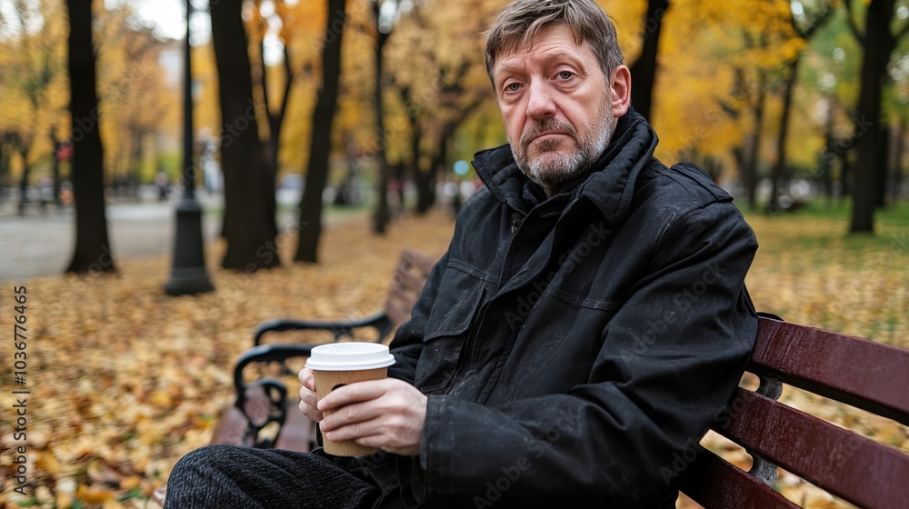 Middle-aged man with slight tremor holding cup of coffee on park bench, symbolizing struggle with Parkinson's disease, calm natural setting. Middle-aged man with slight tremor holding cup of coffee on park bench, symbolizing struggle with Parkinson's disease, calm natural setting.