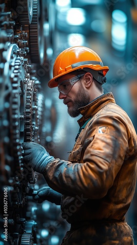 A skilled worker in an orange hard hat examines intricate machinery in a busy metallurgical factory, ensuring optimal function and safety during operations