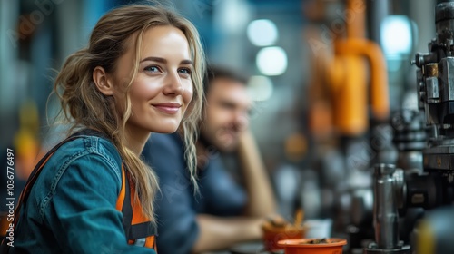 A female worker smiles during a lunch break in a metallurgical factory. Colleagues are also visible, creating a relaxed atmosphere amidst industrial activity