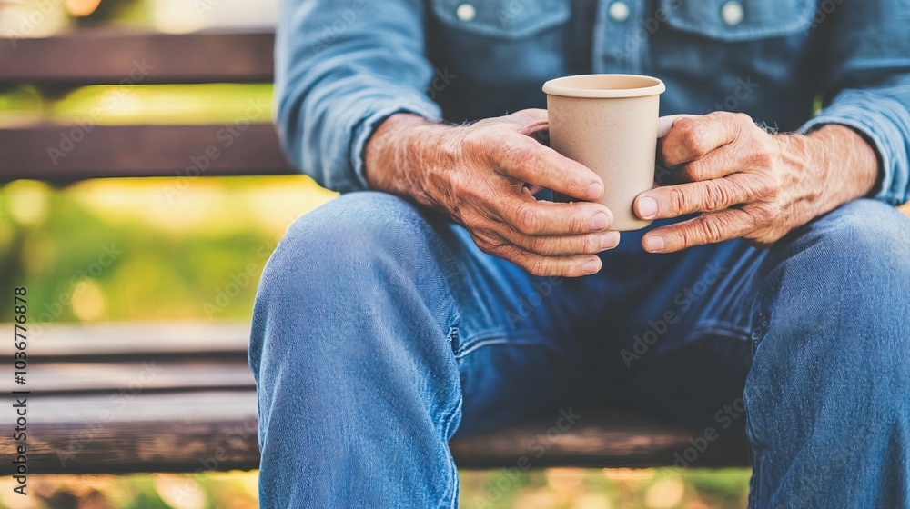 Middle-aged man with slight tremor holding cup of coffee on park bench, symbolizing struggle with Parkinson's disease, calm natural setting. Middle-aged man with slight tremor holding cup of coffee on park bench, symbolizing struggle with Parkinson's disease, calm natural setting.