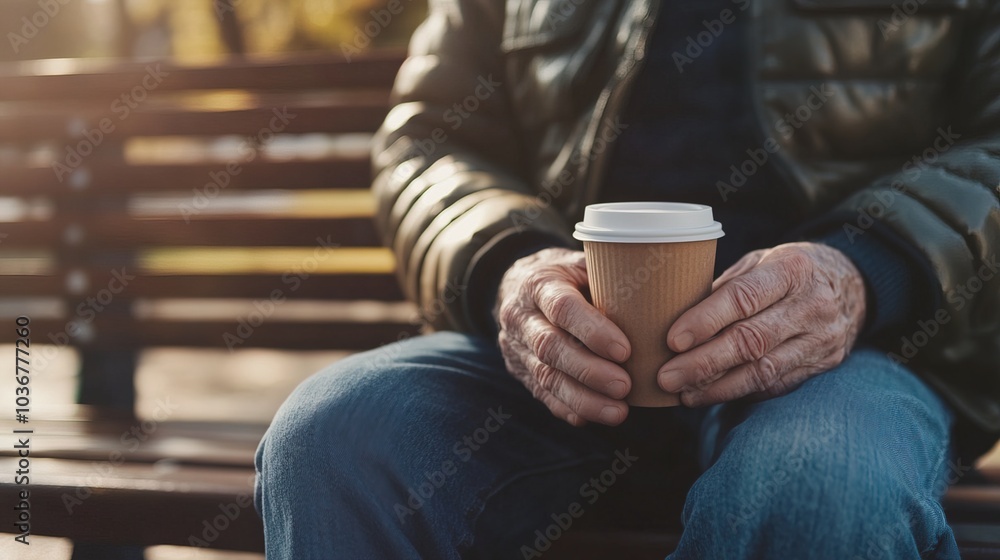 Middle-aged man with slight tremor holding cup of coffee on park bench, symbolizing struggle with Parkinson's disease, calm natural setting. Middle-aged man with slight tremor holding cup of coffee on park bench, symbolizing struggle with Parkinson's disease, calm natural setting.