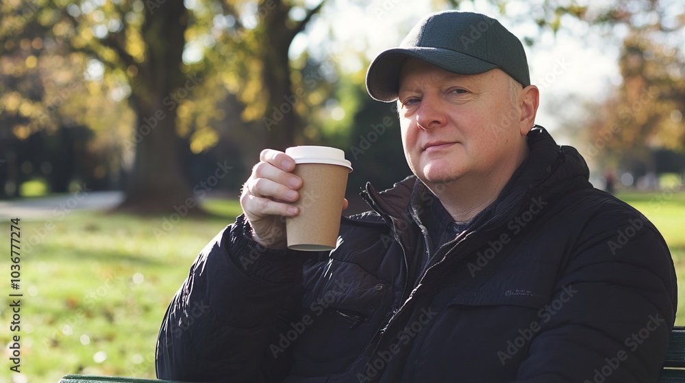Middle-aged man with slight tremor holding cup of coffee on park bench, symbolizing struggle with Parkinson's disease, calm natural setting. Middle-aged man with slight tremor holding cup of coffee on park bench, symbolizing struggle with Parkinson's disease, calm natural setting.