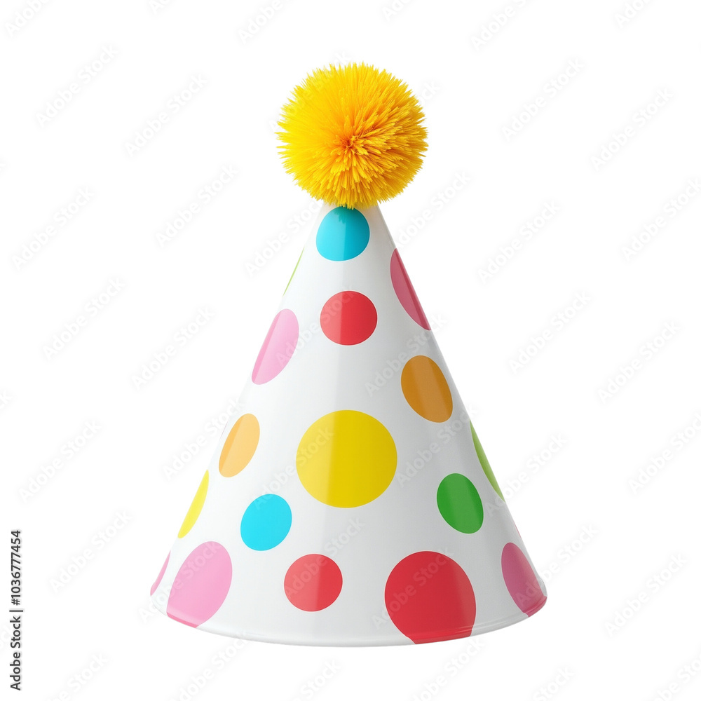 Colorful Party Hat with Polka Dots and Pom Pom Decoration. Colorful Party Hat with Polka Dots and Pom Pom Decoration.
