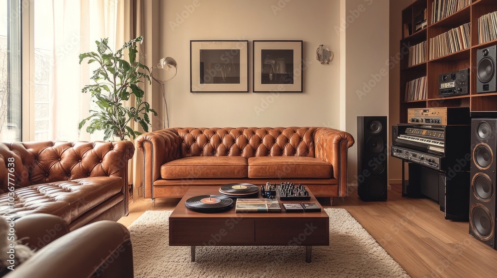 A chic living room in retro style with a leather sofa set, beige walls, a wool rug, and classic vinyl records in the background. A chic living room in retro style with a leather sofa set, beige walls, a wool rug, and classic vinyl records in the background.
