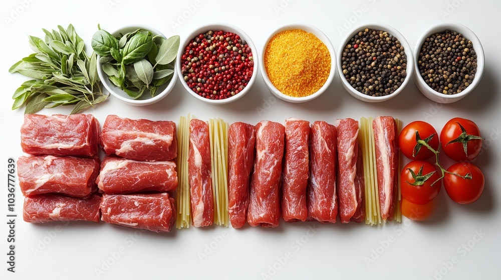 Fresh Ingredients for Italian Pasta Dish with Meat, Tomatoes, Herbs, and Spices Fresh Ingredients for Italian Pasta Dish with Meat, Tomatoes, Herbs, and Spices
