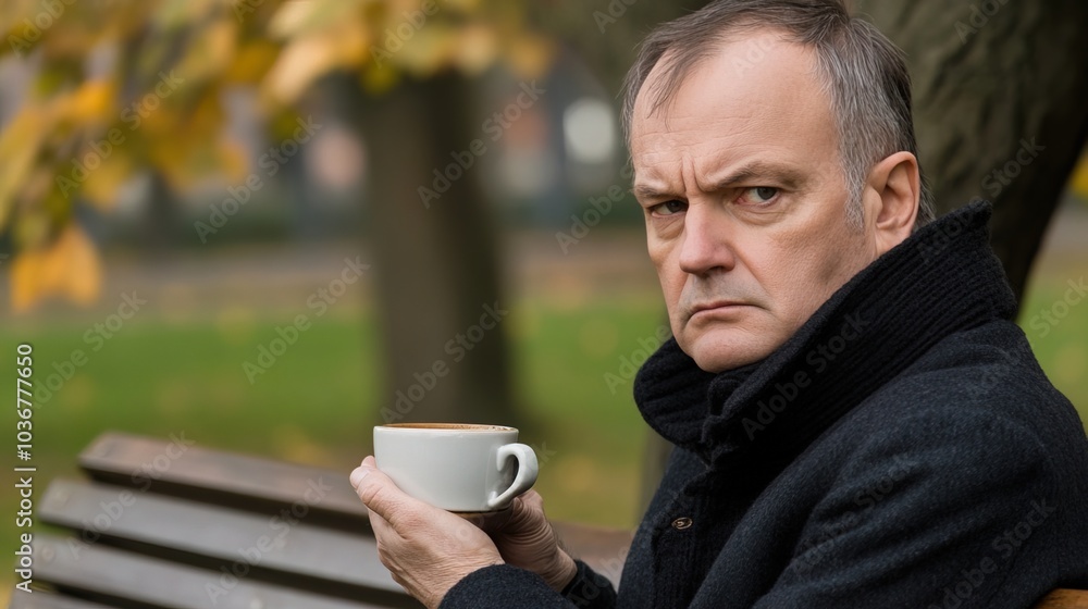 Middle-aged man with slight tremor holding cup of coffee on park bench, symbolizing struggle with Parkinson's disease, calm natural setting. Middle-aged man with slight tremor holding cup of coffee on park bench, symbolizing struggle with Parkinson's disease, calm natural setting.