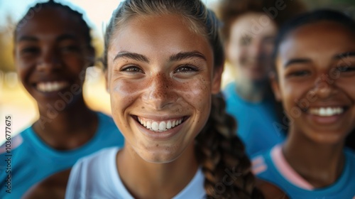 Group of joyful and enthusiastic female soccer players posing for a portrait before practice or a workout, showcasing teamwork and fitness outdoors