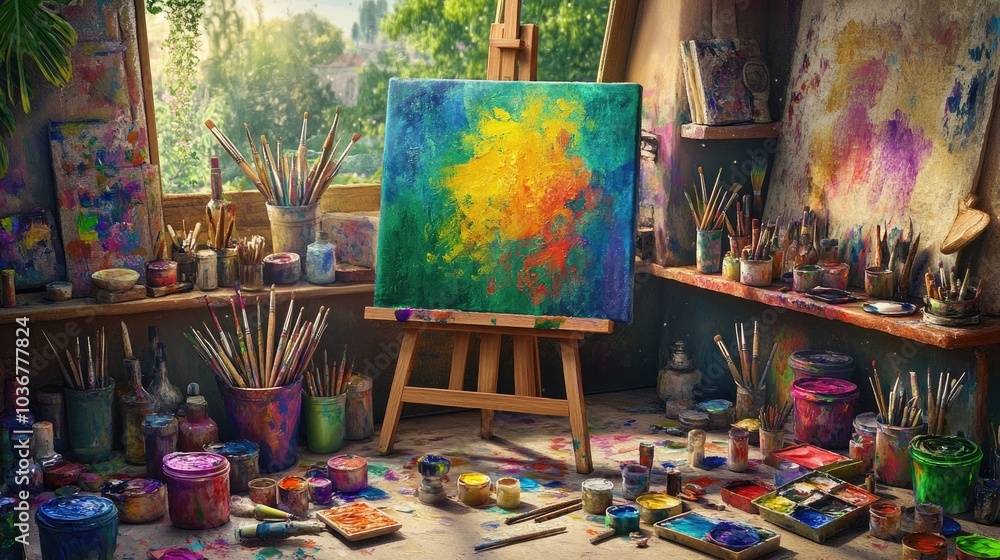 An artist's nook featuring an eclectic array of colorful paints An artist's nook featuring an eclectic array of colorful paints