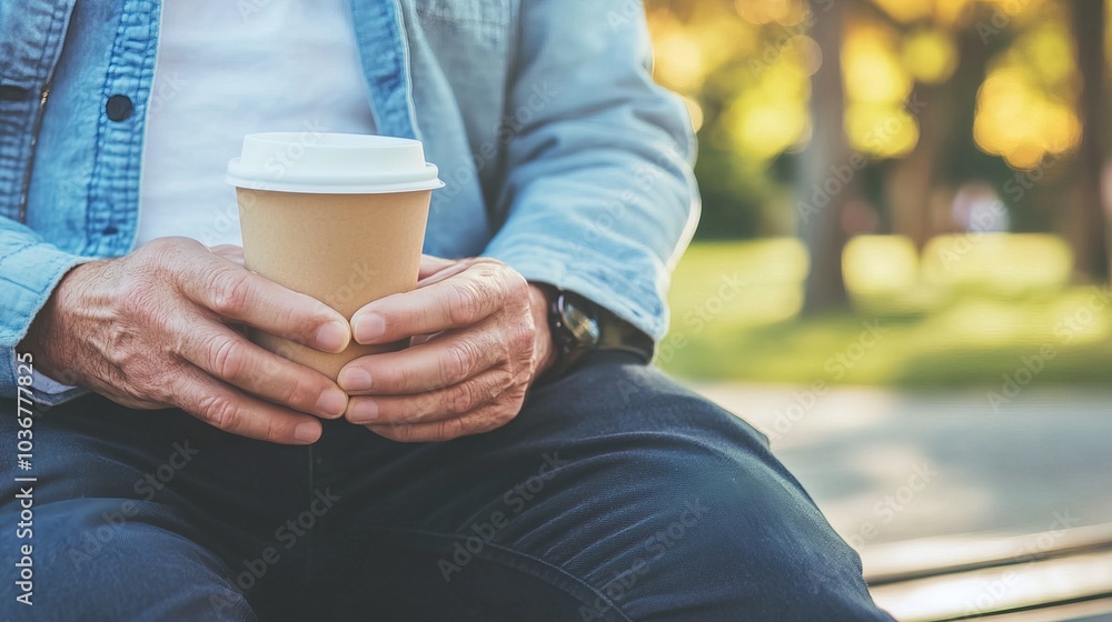 Middle-aged man with slight tremor holding cup of coffee on park bench, symbolizing struggle with Parkinson's disease, calm natural setting. Middle-aged man with slight tremor holding cup of coffee on park bench, symbolizing struggle with Parkinson's disease, calm natural setting.