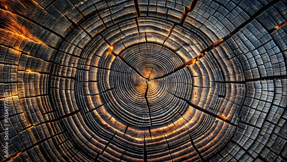 dark charred wood surface with distinct annual growth rings Extreme Close-Up dark charred wood surface with distinct annual growth rings Extreme Close-Up