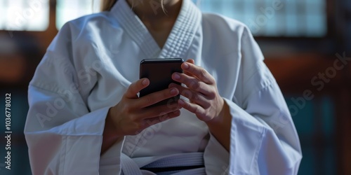 Martial arts student sending messages on a smartphone while at the gym, using social media and browsing the internet on a mobile device with wireless connectivity