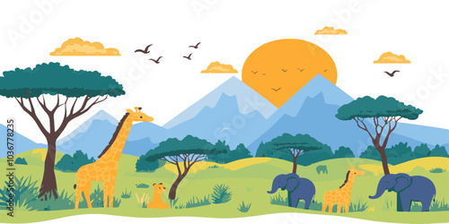 African savanna landscape with wild animals, flat vector illustration isolated on a white background.