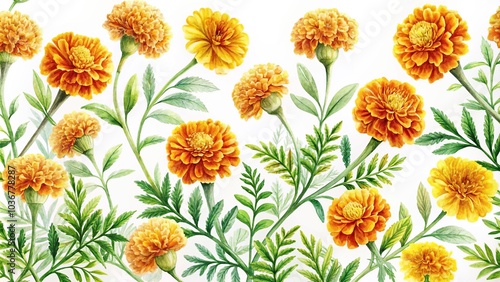 Fototapeta Naklejka Na Ścianę i Meble -  Decorative pattern of marigold flowers in a medium shot watercolor style on a white background