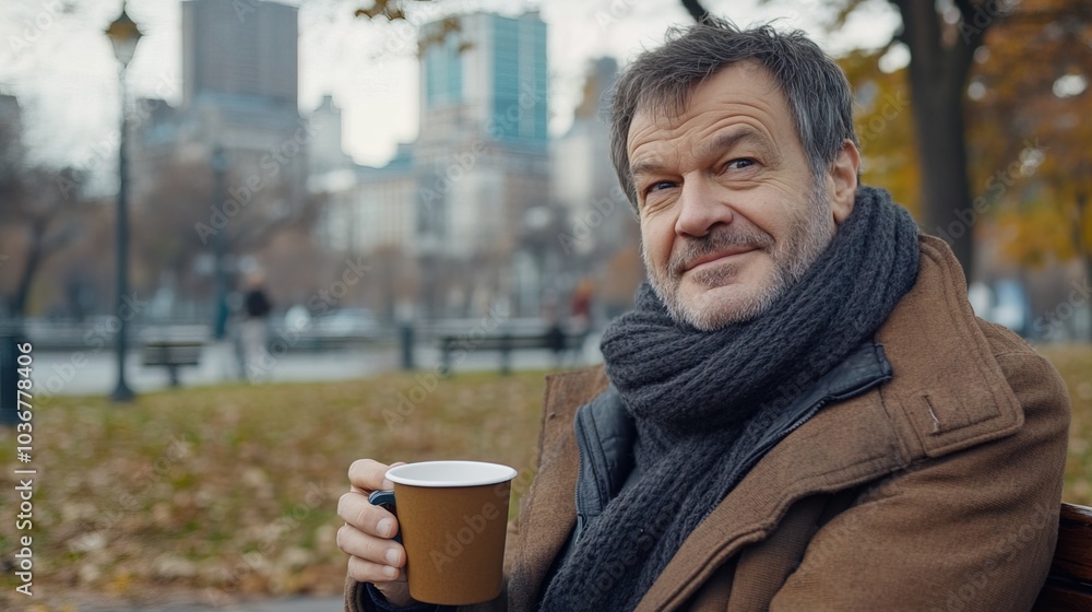 Middle-aged man with slight tremor holding cup of coffee on park bench, symbolizing struggle with Parkinson's disease, calm natural setting. Middle-aged man with slight tremor holding cup of coffee on park bench, symbolizing struggle with Parkinson's disease, calm natural setting.