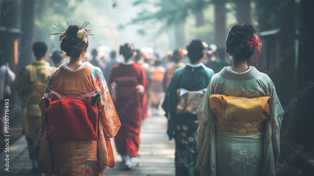 Obraz premium Kasuga Wakamiya On-Matsuri Festival in Nara, morning atmosphere with thin mist covering the sacred forest, religious procession takes place quietly, Ai generated images